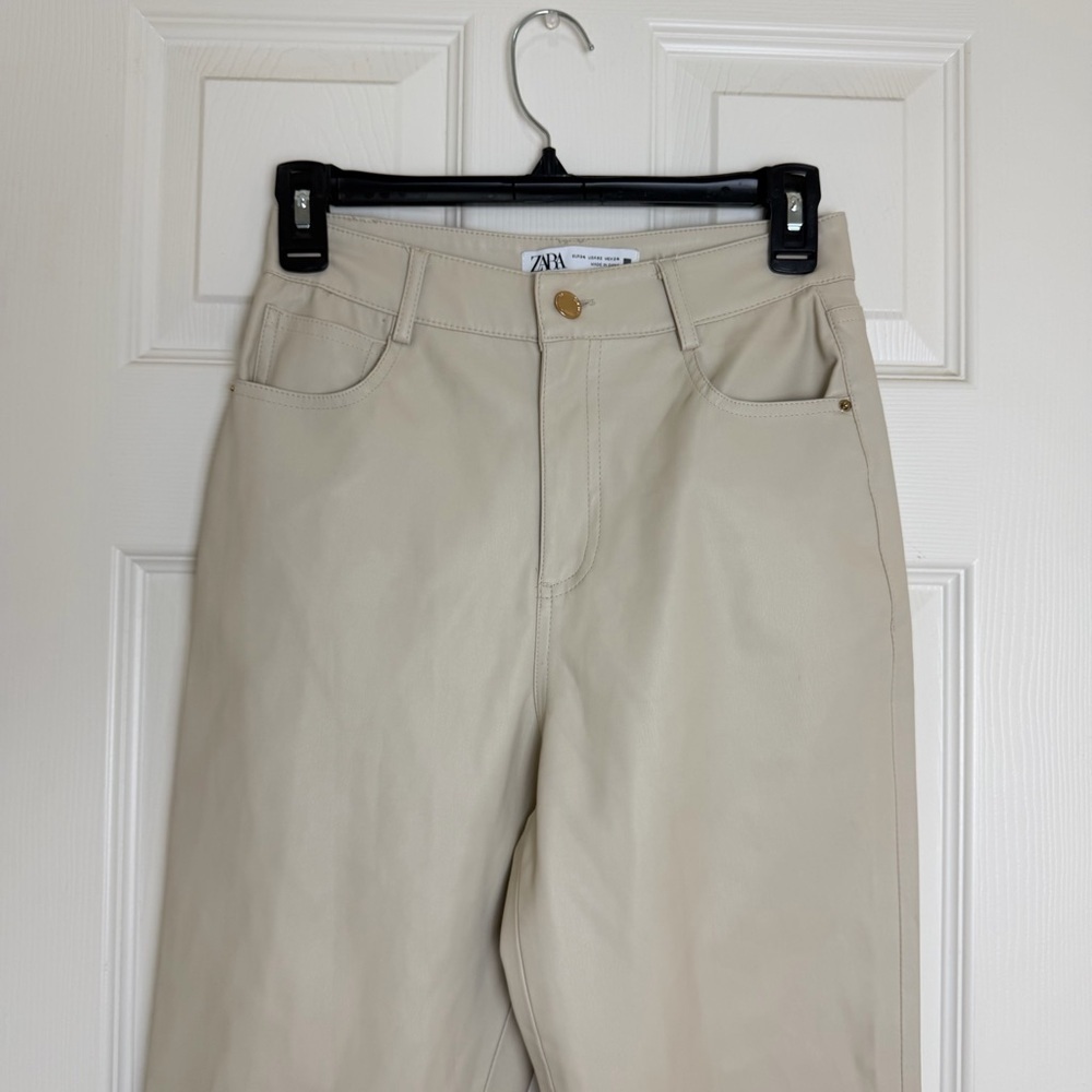 ZARA high rise faux Leather Cream Straight-Leg pants size 02 - Picture 4 of 8
